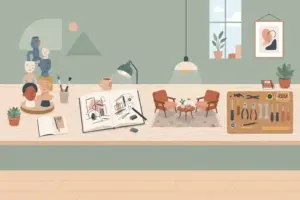 A wide workbench holding clay busts, an open sketchbook, two armchairs on a rug, and a wall pegboard of hand tools.