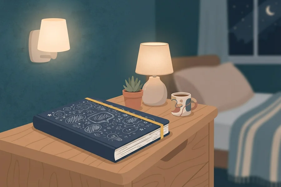 A notebook covered in small doodles sitting on a nightstand beside a lit lamp at night.
