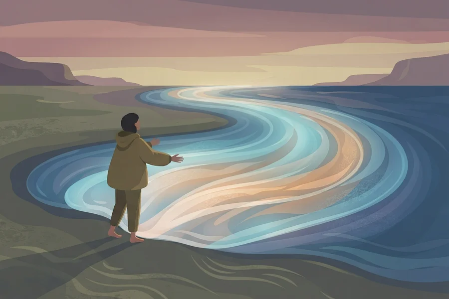 Ilustración de una persona de pie en la orilla, con la mano extendida hacia una amplia corriente luminosa que serpentea desde la tierra hasta el mar.