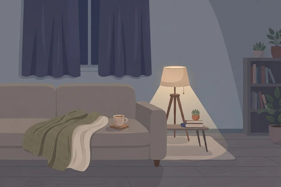 Illustration of a mostly dark living room where a single small lamp lights one corner, leaving the sofa and the rest of the room in shadow.