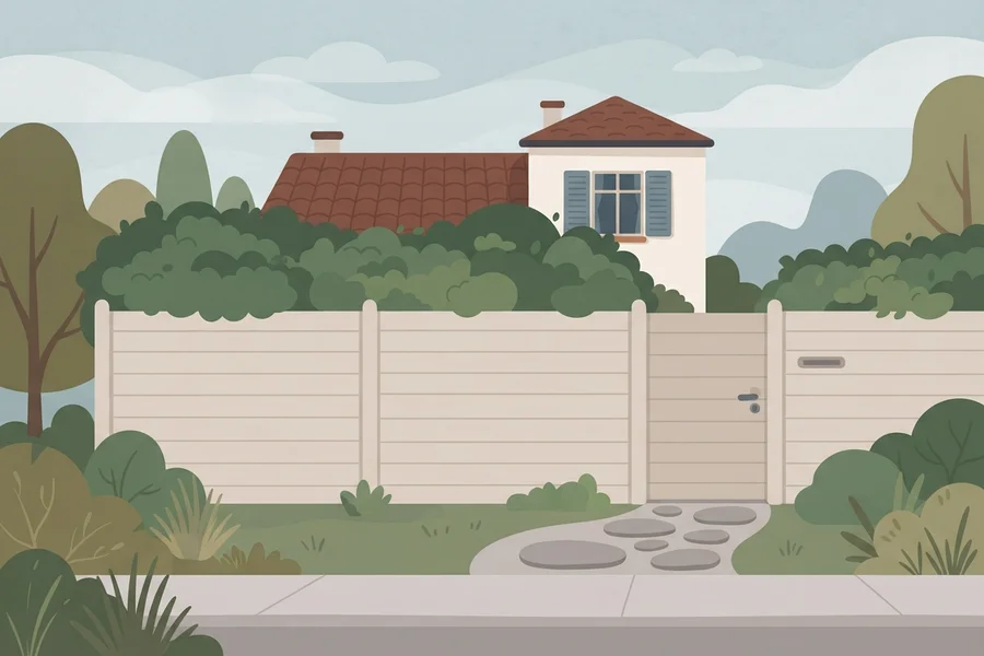 Ilustración de una casa de la que solo se ve el techo con chimenea asomando por encima de una cerca alta y un seto denso, imagen del resultado de señales de paranoia pronunciadas.