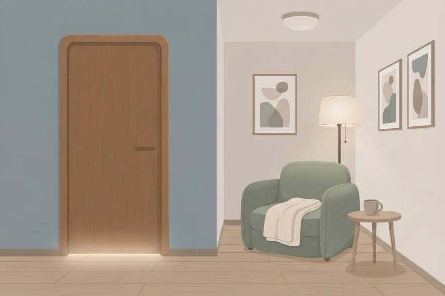 Ilustración de un pasillo con la puerta cerrada y, al lado, un sillón con manta, una lámpara y una mesita propios, formando un rincón aparte, imagen para el resultado de señales marcadas de ansiedad social.