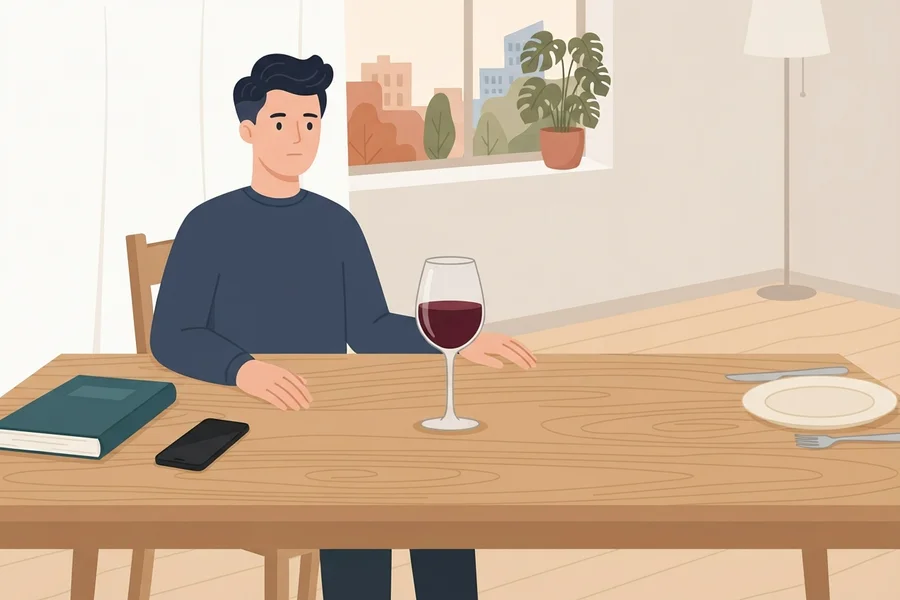 Un hombre sentado solo a la mesa, con una copa de vino y el móvil, junto a una ventana con vistas a la ciudad.