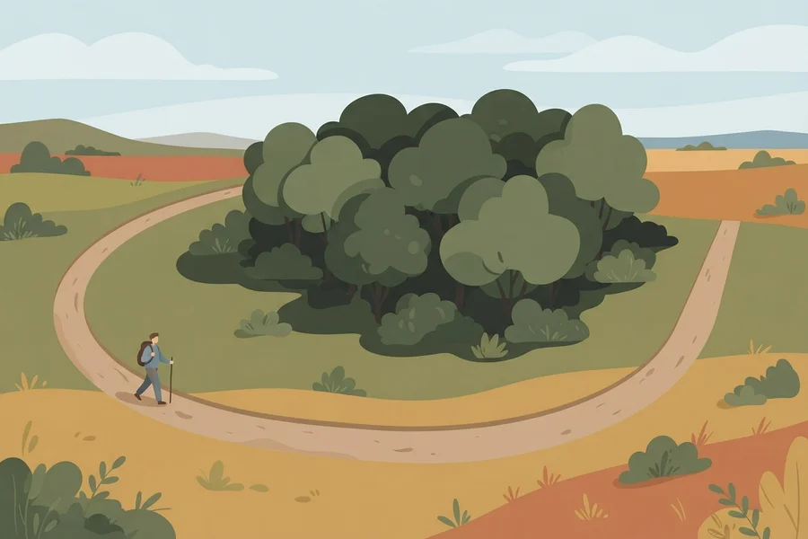A person walking a long path that loops all the way around a dense circular thicket instead of through it.