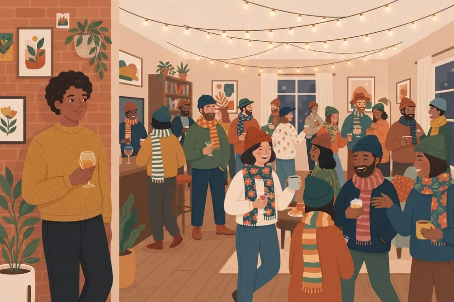 A person standing near a doorway at a crowded, softly lit indoor gathering, holding a drink and looking toward the group.
