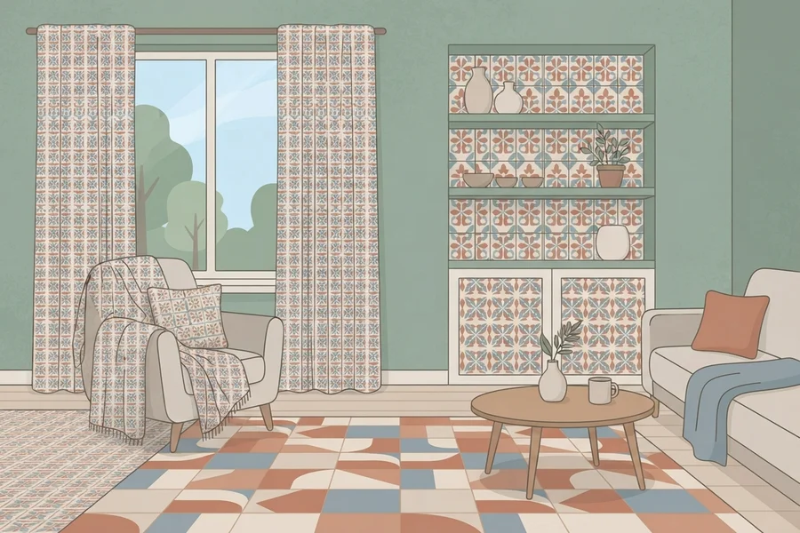 Ilustración de un salón donde el mismo patrón geométrico cubre las cortinas, los azulejos de la estantería y la alfombra — imagen para el resultado de señales de autismo muy marcadas.
