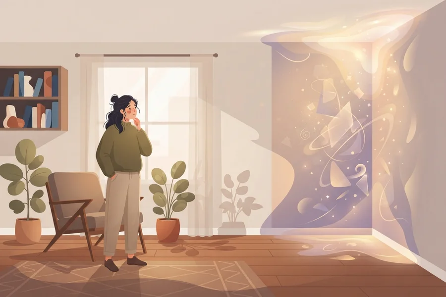 Persona de pie en una sala, observando un remolino de luz y formas brillantes que emerge de la pared.