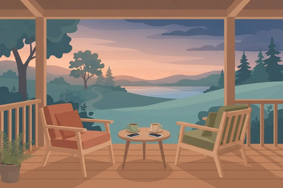 Two armchairs and a small table on a covered porch overlooking a quiet lake at dusk.