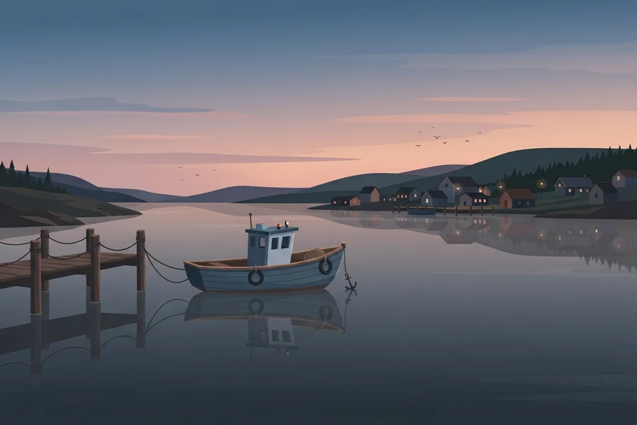 Ilustración de un pequeño bote de pesca amarrado en calma junto a un muelle de madera, con un pueblo iluminado a lo lejos sobre aguas quietas al atardecer.