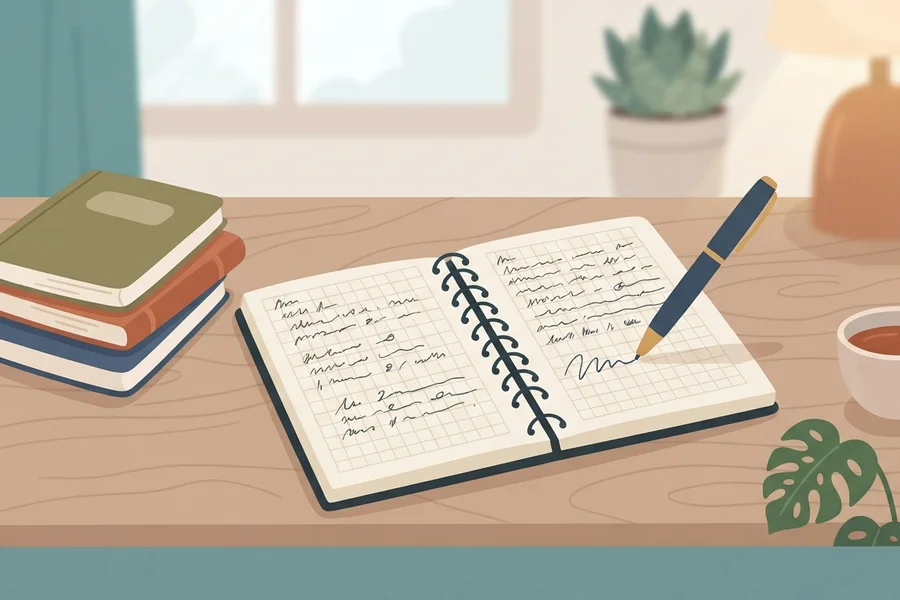 Cuaderno de espiral con notas escritas a mano, una pluma, una pila de libros y una taza de té sobre un escritorio.