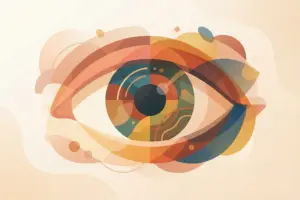 Abstract layered illustration of a human eye made of warm overlapping geometric shapes in rust, gold, and teal.