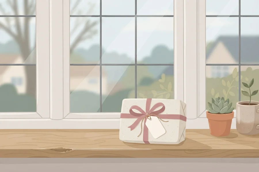 A small wrapped gift with a ribbon and tag sitting on a sunlit windowsill next to potted plants.