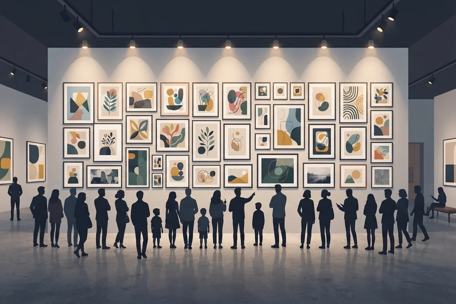 A crowd of visitors viewing a large wall of framed artwork in a gallery.