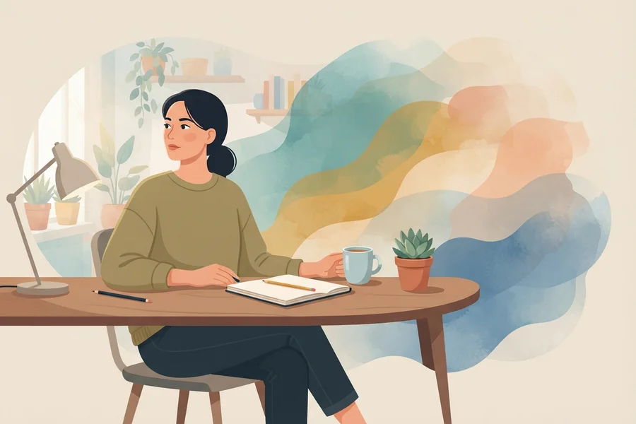 Una mujer sentada a un escritorio mira hacia un lado, con una ola de colores pastel de fondo que sugiere sus propios pensamientos.