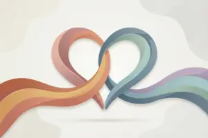 Two ribbons, one warm-toned and one cool-toned, curving together into the shape of a heart against a pale background.