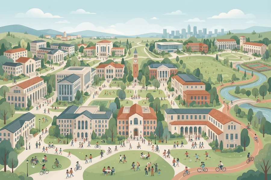 An illustration of a large university campus with many buildings, a central clock tower, and a city skyline in the distance, filled with people walking and playing.