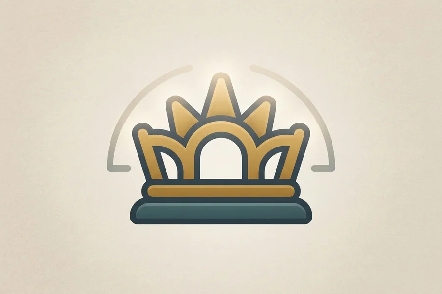 A simple gold crown resting on a dark base, with a soft glow behind it.