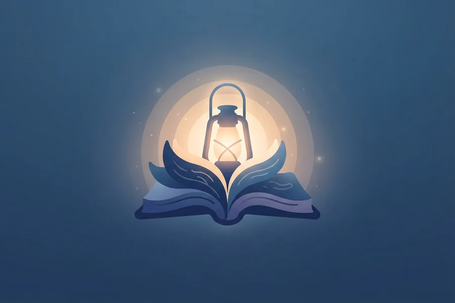 A glowing lantern resting in the open pages of a book, lighting up the dark around it.