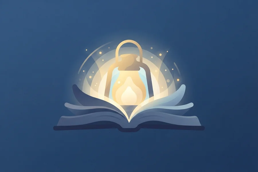 Libro abierto con una lámpara encendida saliendo de sus páginas.