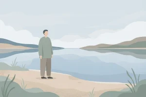 Illustration of a person standing at the edge of a calm lake, gazing at the still water, representing the self-esteem test.