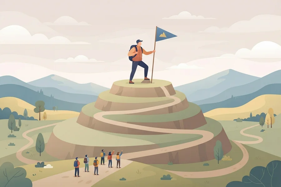 Illustration of a person planting a flag on a mountain peak while a group looks on from below.