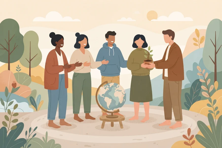 Illustration of a diverse group of people gathered around a globe as one of them holds out a small plant.