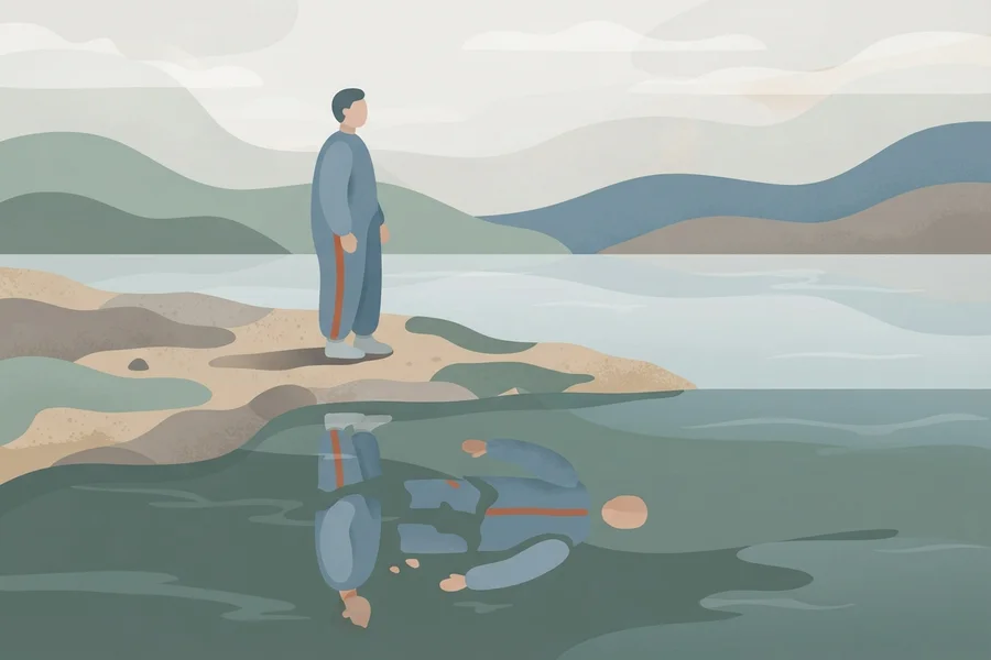 Человек стоит на каменистом берегу, а его отражение в воде выглядит раздробленным на осколки
