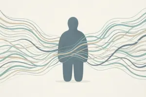 Illustration of a person's silhouette with overlapping wavy lines in muted teal and tan passing through their body, representing several sensory signals at once.