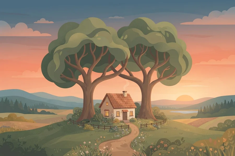A small cottage sitting between two large trees on a hill at sunset.