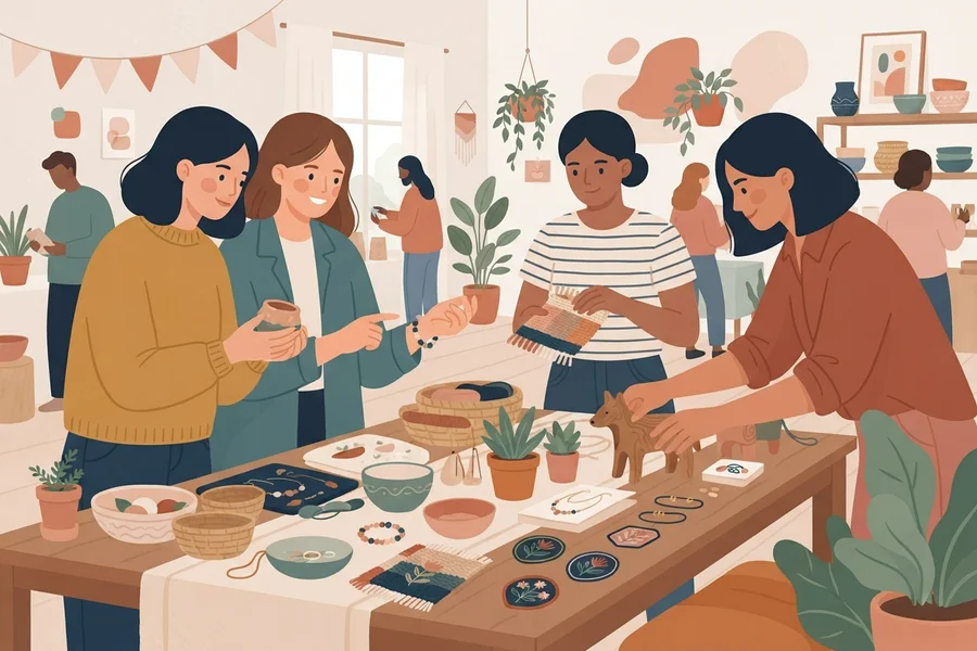 A group of people gathered around a table of handmade crafts and jewelry at a market.