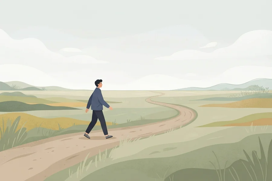 Persona caminando con calma por un sendero que atraviesa una llanura abierta.