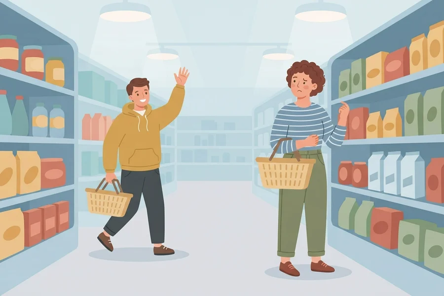 Two people in a grocery store aisle, one waving and smiling, the other looking uncertain.