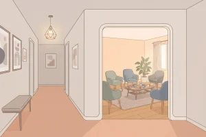 A bright, furnished room full of seated guests, seen from a calm hallway lined with framed pictures.