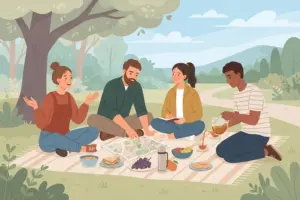 A group of four friends sitting on a picnic blanket outdoors, talking together over a map.