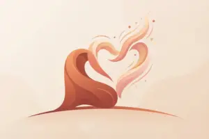 An abstract heart shape formed from swirling ribbons rising from a gentle hill.