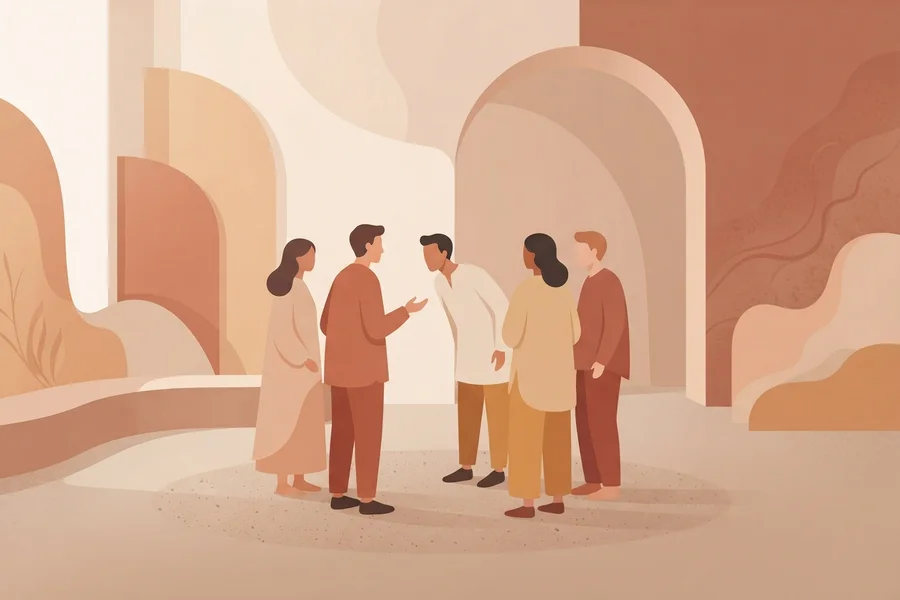 Un grupo de cinco personas conversando de pie, formando un círculo cercano.
