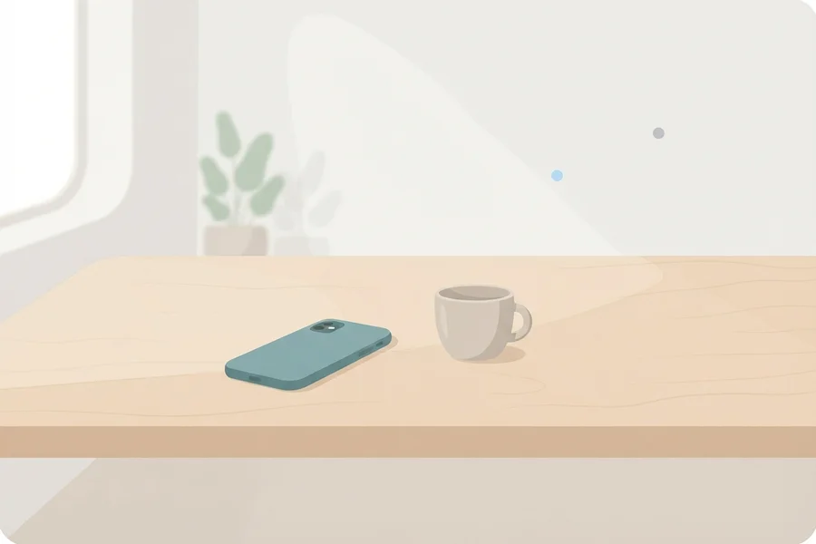 Mesa despejada con solo un teléfono y una taza, sin luces ni símbolos alrededor.