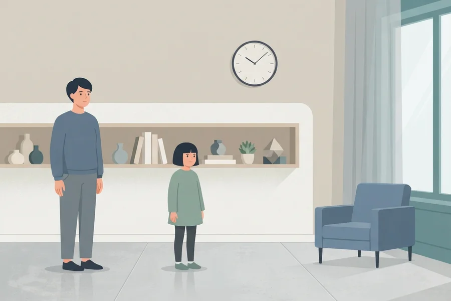Un padre y su hija de pie, a cierta distancia, en un salón silencioso.