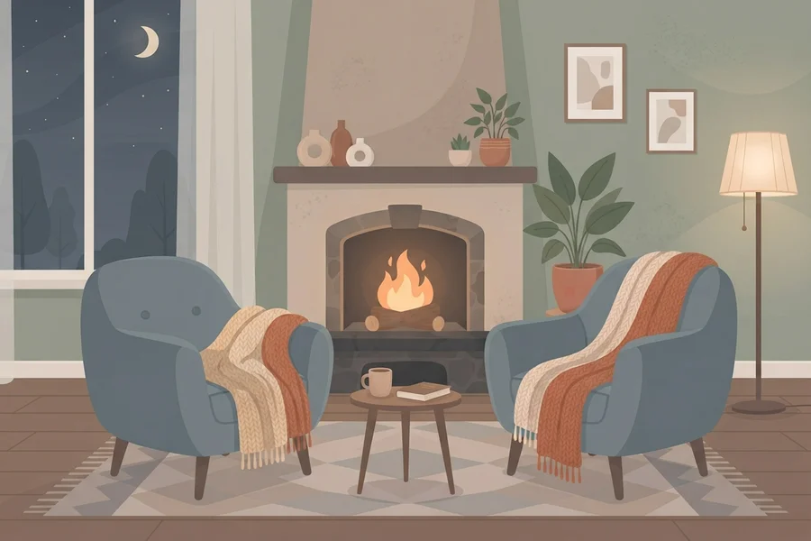 Two blue armchairs with blankets facing a lit fireplace in a cozy living room.