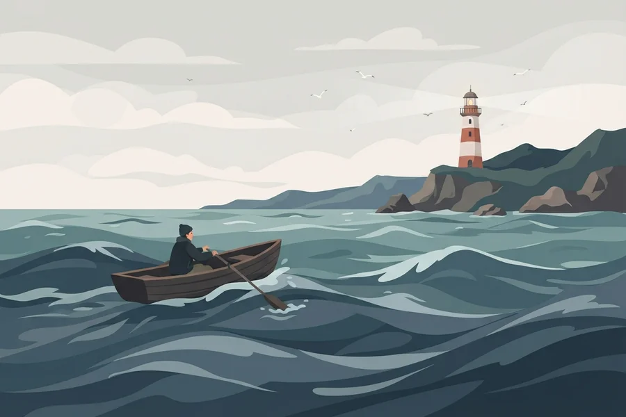 Ilustración de una persona remando en un pequeño bote entre olas agitadas, en dirección a un faro sobre los acantilados.