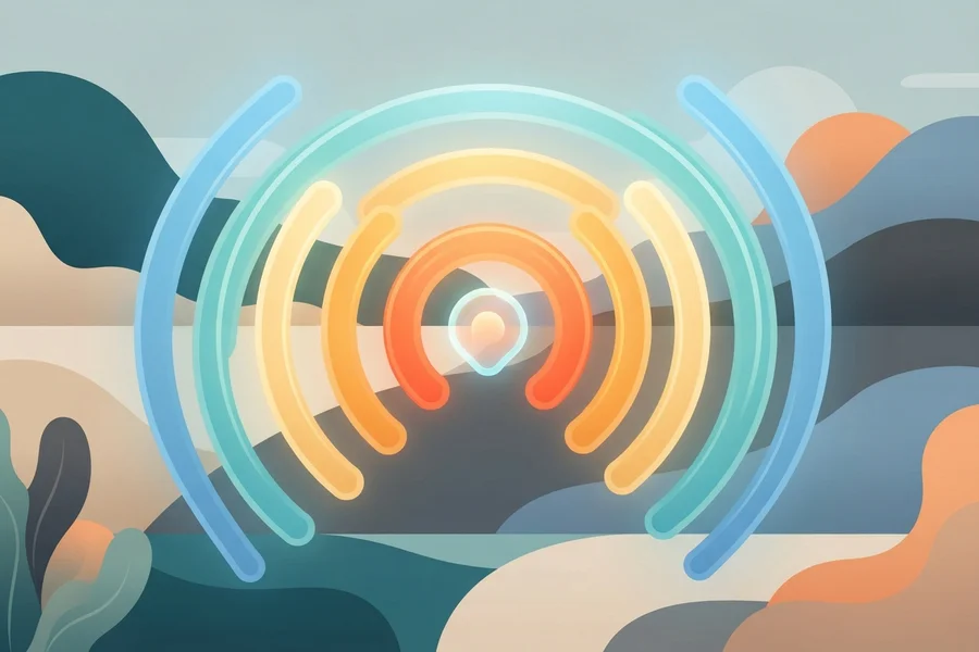 Ilustración de arcos concéntricos de colores irradiando con fuerza desde un punto central, como una señal expandiéndose sobre un paisaje de colinas.