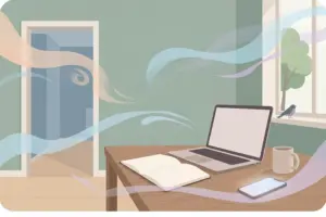 A desk by a window with an open laptop, an open notebook, a mug and a phone on it, and faint currents of air drifting through the room.