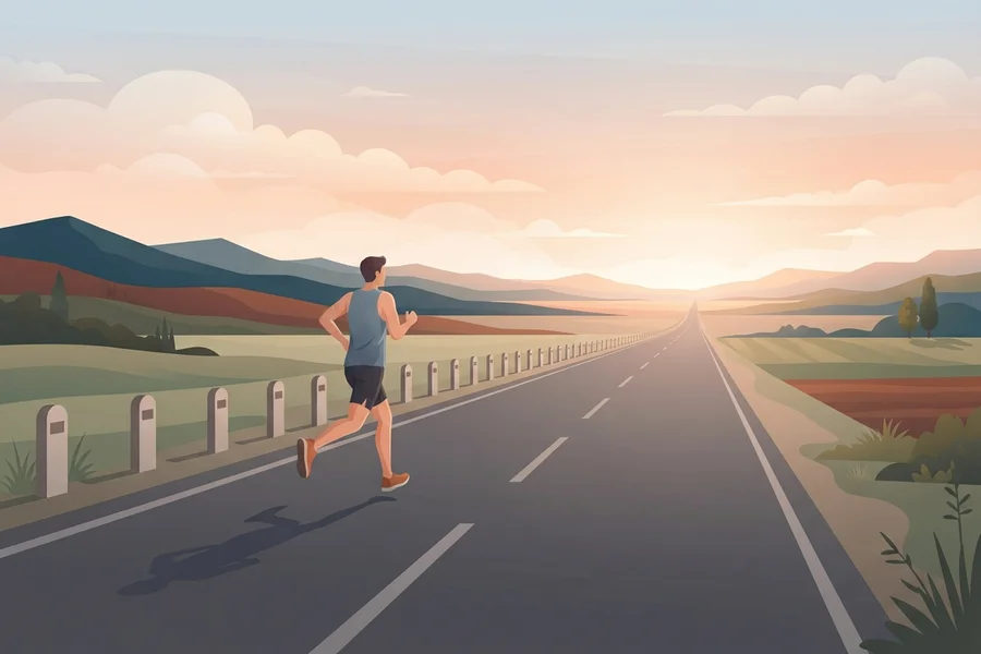 Ilustración de una persona corriendo por una carretera abierta hacia el horizonte, con el sol saliendo entre montañas.