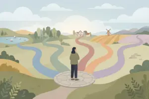 A woman standing where several colorful paths branch out across a landscape, each leading a different way