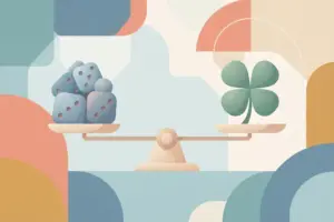 Illustration of a scale balancing a pile of dice against a four-leaf clover