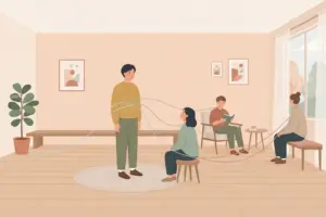 Illustration of one person standing in a living room with lines connecting them to three other people nearby, representing different close relationships.