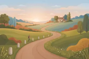 Illustration of a person walking along a winding country road toward a house in the distance at sunrise.