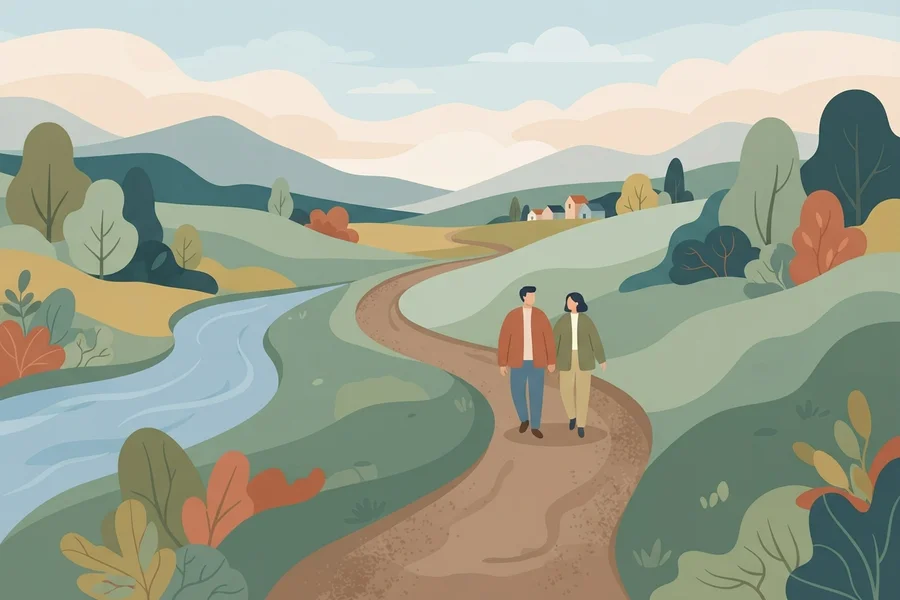 Two people walking together on a riverside path toward a small village in the distance.