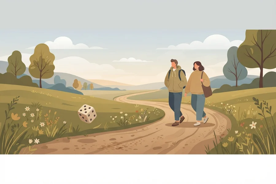 Two people walking a familiar path together, a die resting on the ground beside them.