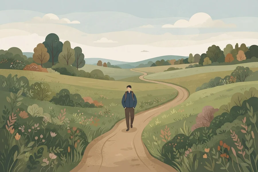 A solo walker on a peaceful path through open green countryside, no dice in sight.